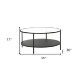 36" Black Glass And Steel Round Coffee Table With Shelf