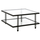 32" Black Glass And Steel Square Coffee Table With Shelf