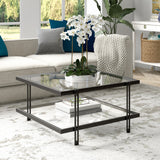 32" Black Glass And Steel Square Coffee Table With Shelf