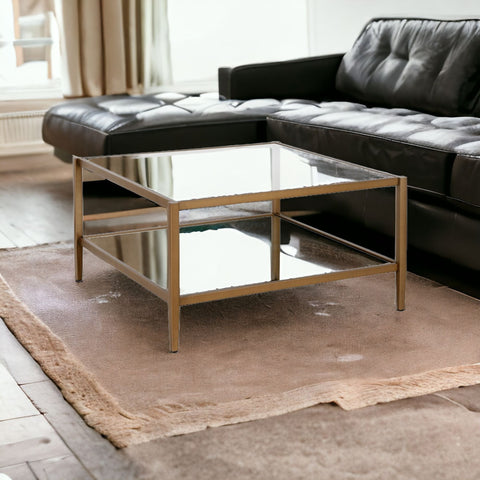 32" Gold Glass And Steel Square Coffee Table With Shelf