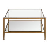 32" Gold Glass And Steel Square Coffee Table With Shelf