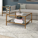 32" Gold Glass And Steel Square Coffee Table With Shelf