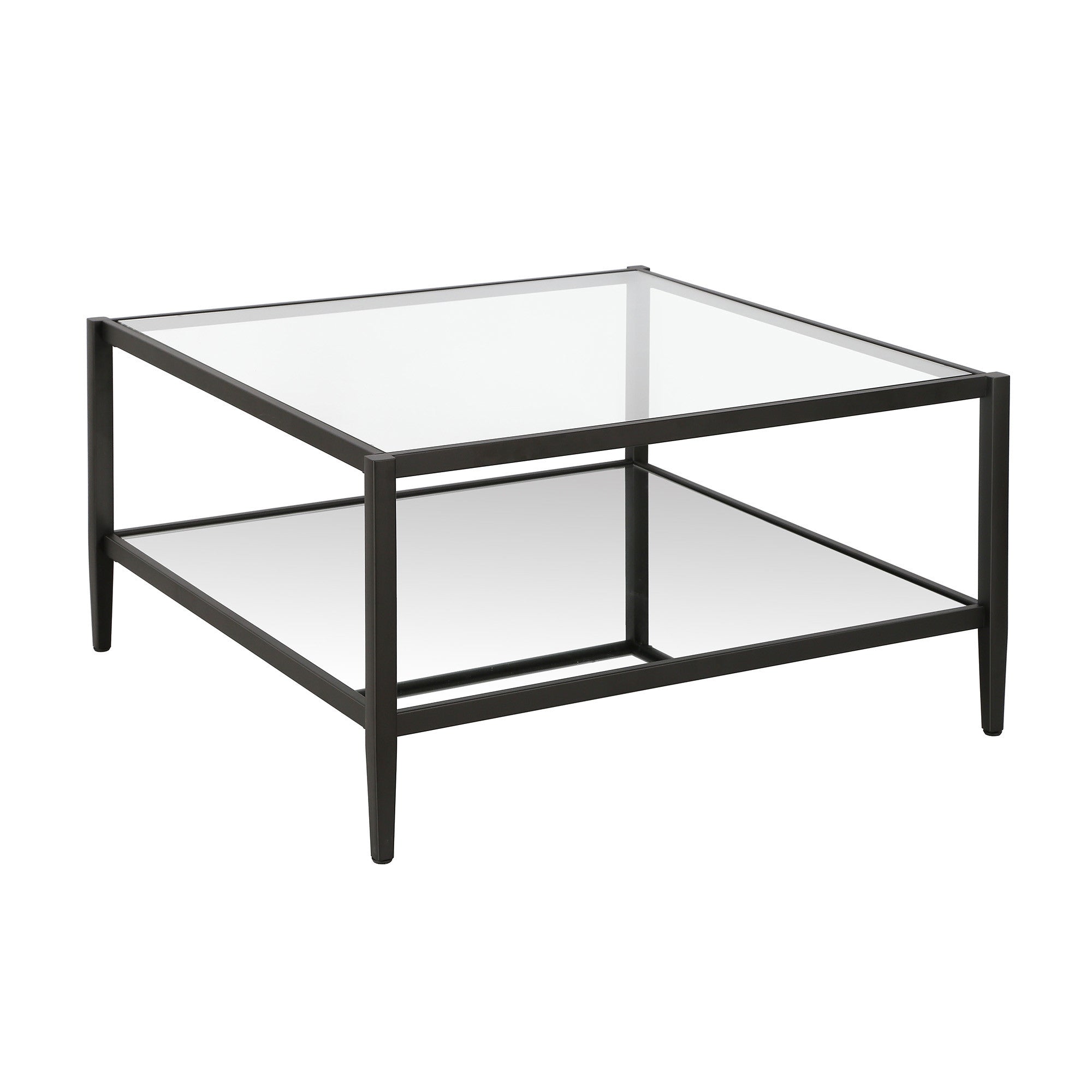 32" Black Glass And Steel Square Coffee Table With Shelf