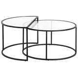 Set of Two 33" Black Glass And Steel Half Circle Nested Coffee Tables