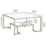 32" Silver Glass And Steel Square Coffee Table With Shelf