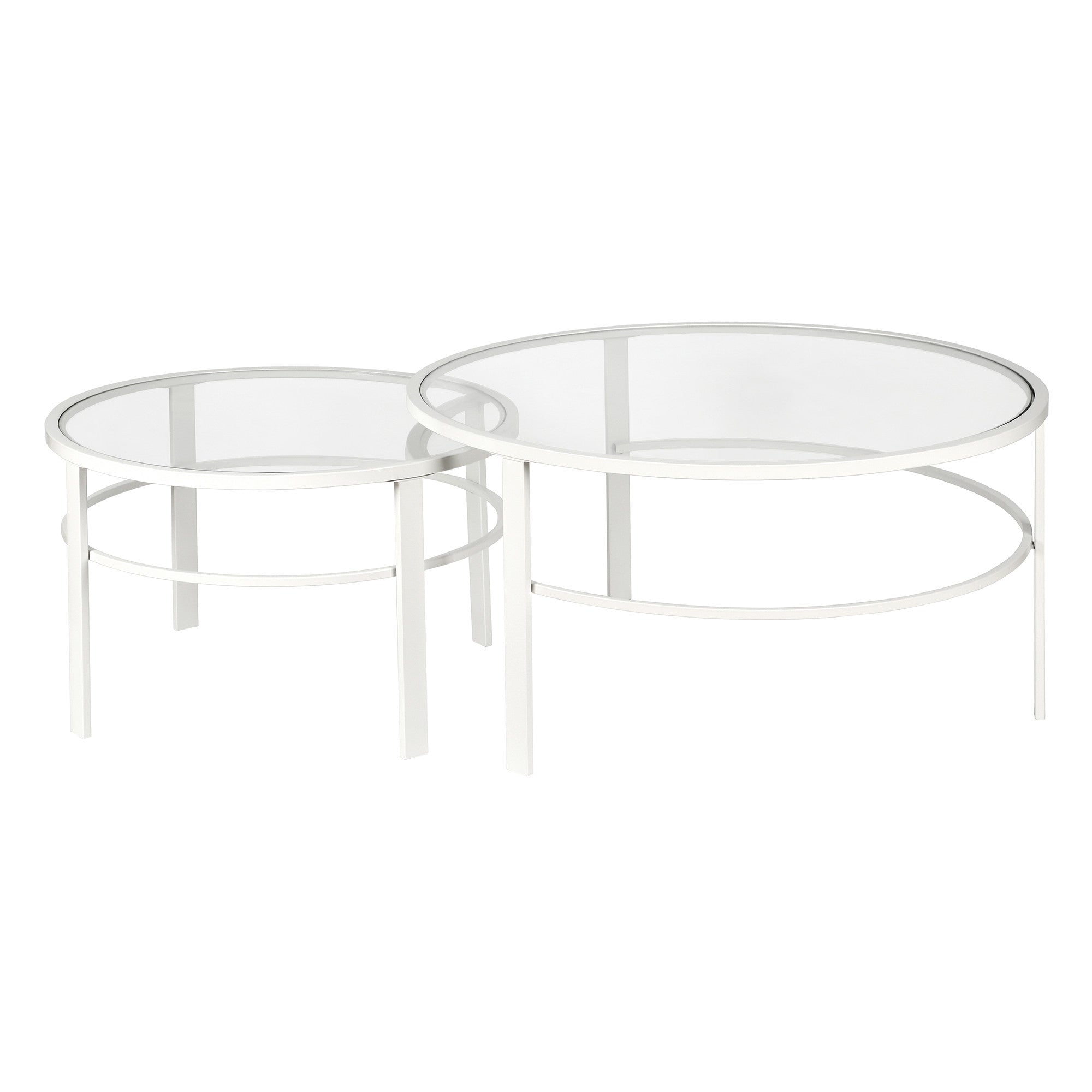 Set of Two 36" White Glass And Steel Round Nested Coffee Tables