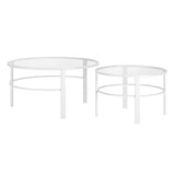 Set of Two 36" White Glass And Steel Round Nested Coffee Tables