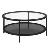 36" Black Glass And Steel Round Coffee Table With Shelf