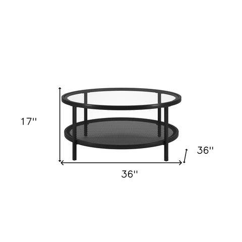 36" Black Glass And Steel Round Coffee Table With Shelf