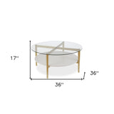 36" Gold Glass And Steel Round Coffee Table With Shelf