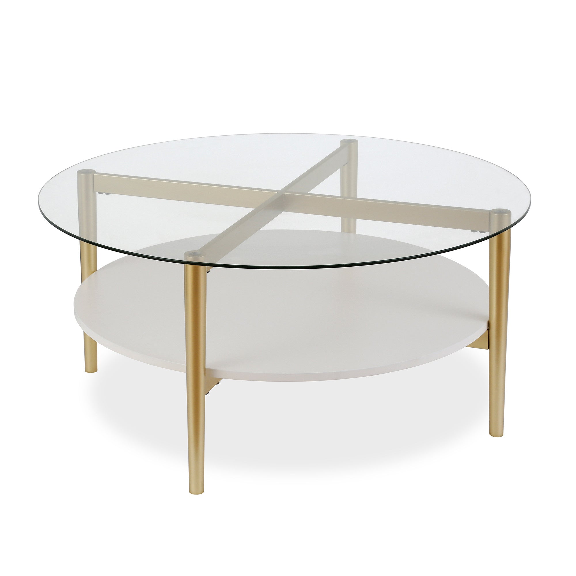 36" Gold Glass And Steel Round Coffee Table With Shelf