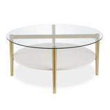 36" Gold Glass And Steel Round Coffee Table With Shelf