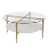 36" Gold Glass And Steel Round Coffee Table With Shelf