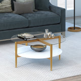 36" Gold Glass And Steel Round Coffee Table With Shelf