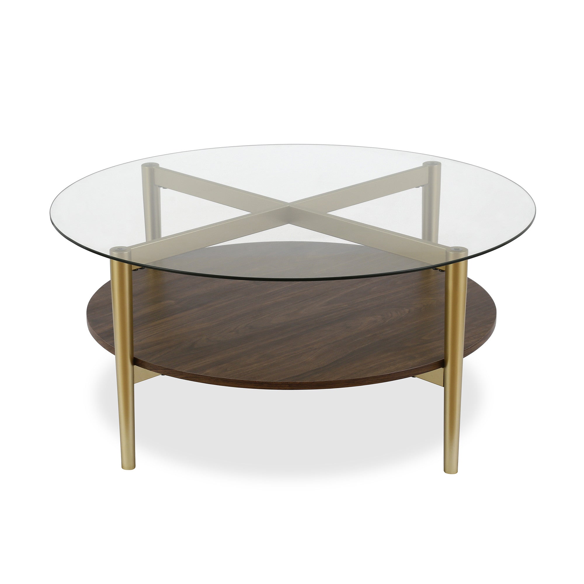 36" Gold Glass And Steel Round Coffee Table With Shelf