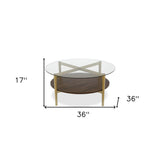 36" Gold Glass And Steel Round Coffee Table With Shelf