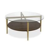 36" Gold Glass And Steel Round Coffee Table With Shelf