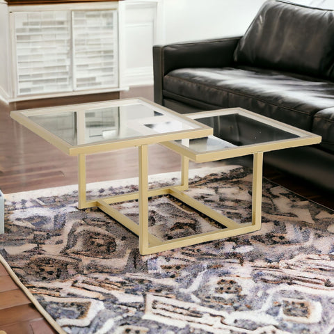 43" Gold Glass And Steel Square Coffee Table With Two Shelves