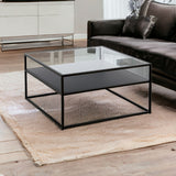 32" Black Glass And Steel Square Coffee Table With Shelf