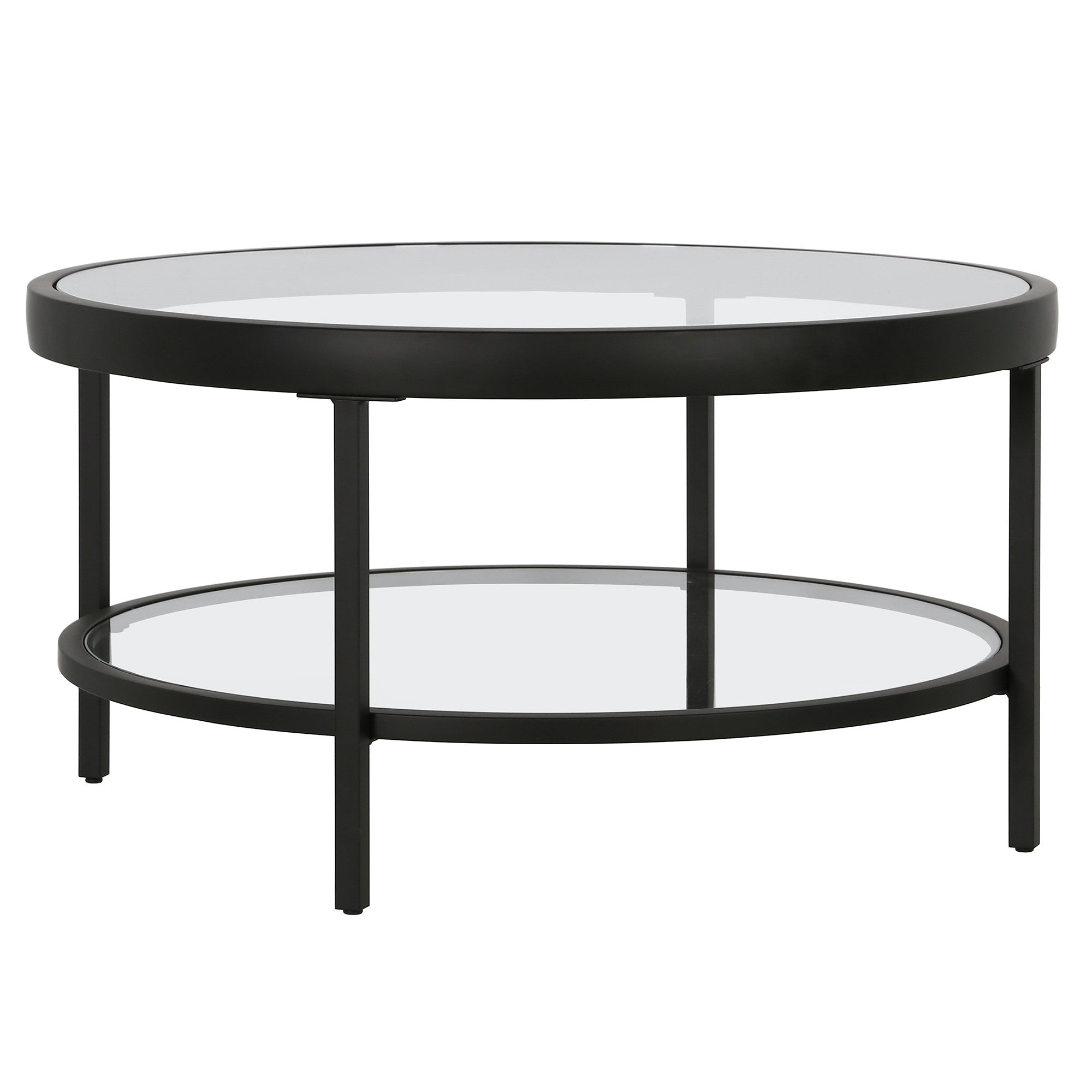 32" Black Glass And Steel Round Coffee Table With Shelf