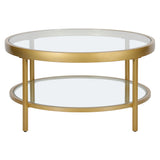 32" Gold Glass And Steel Round Coffee Table With Shelf