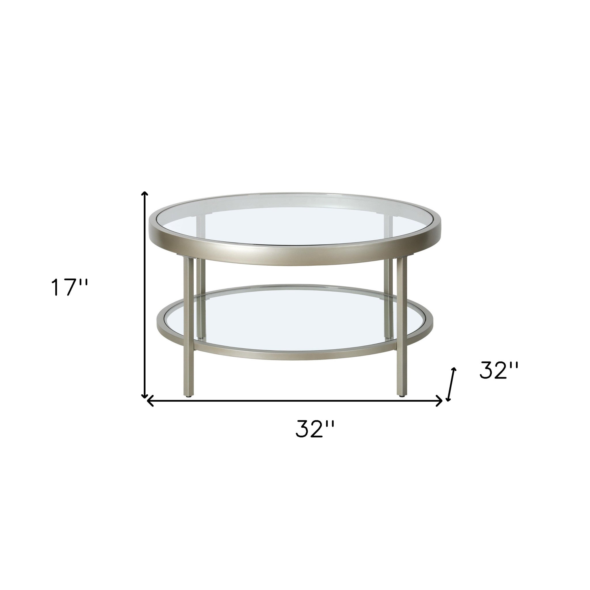 32" Silver Glass And Steel Round Coffee Table With Shelf