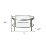 32" Silver Glass And Steel Round Coffee Table With Shelf