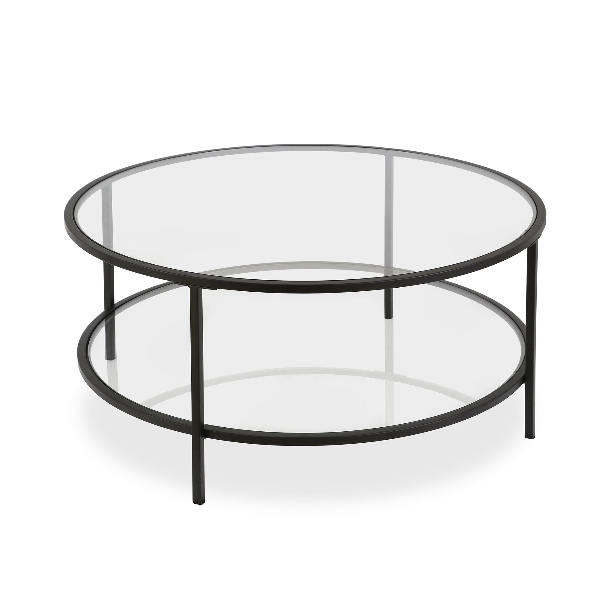 36" Black Glass And Steel Round Coffee Table With Shelf