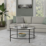 36" Black Glass And Steel Round Coffee Table With Shelf