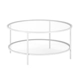 36" White Glass And Steel Round Coffee Table With Shelf