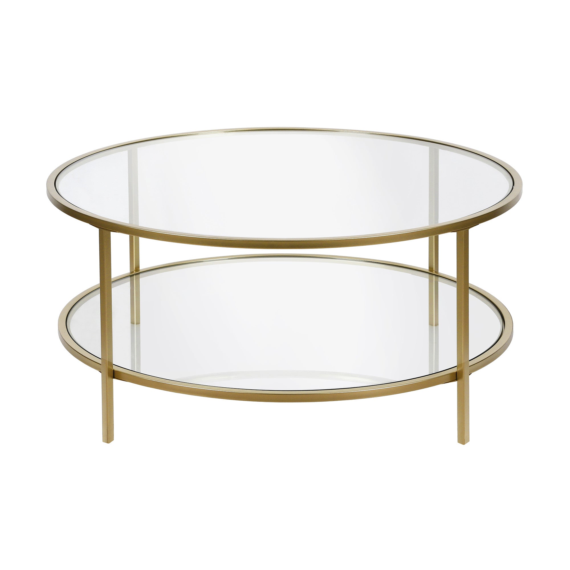 36" Gold Glass And Steel Round Coffee Table With Shelf