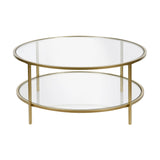 36" Gold Glass And Steel Round Coffee Table With Shelf