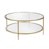 36" Gold Glass And Steel Round Coffee Table With Shelf