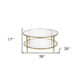 36" Gold Glass And Steel Round Coffee Table With Shelf