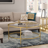 36" Gold Glass And Steel Round Coffee Table With Shelf