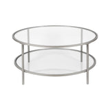 36" Silver Glass And Steel Round Coffee Table With Shelf