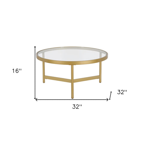 32" Gold Glass And Steel Round Coffee Table