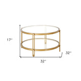 32" Gold Glass And Steel Round Coffee Table With Shelf