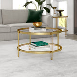 32" Gold Glass And Steel Round Coffee Table With Shelf