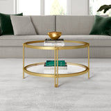 32" Gold Glass And Steel Round Coffee Table With Shelf