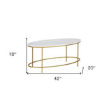 42" White And Gold Faux Marble And Steel Oval Coffee Table