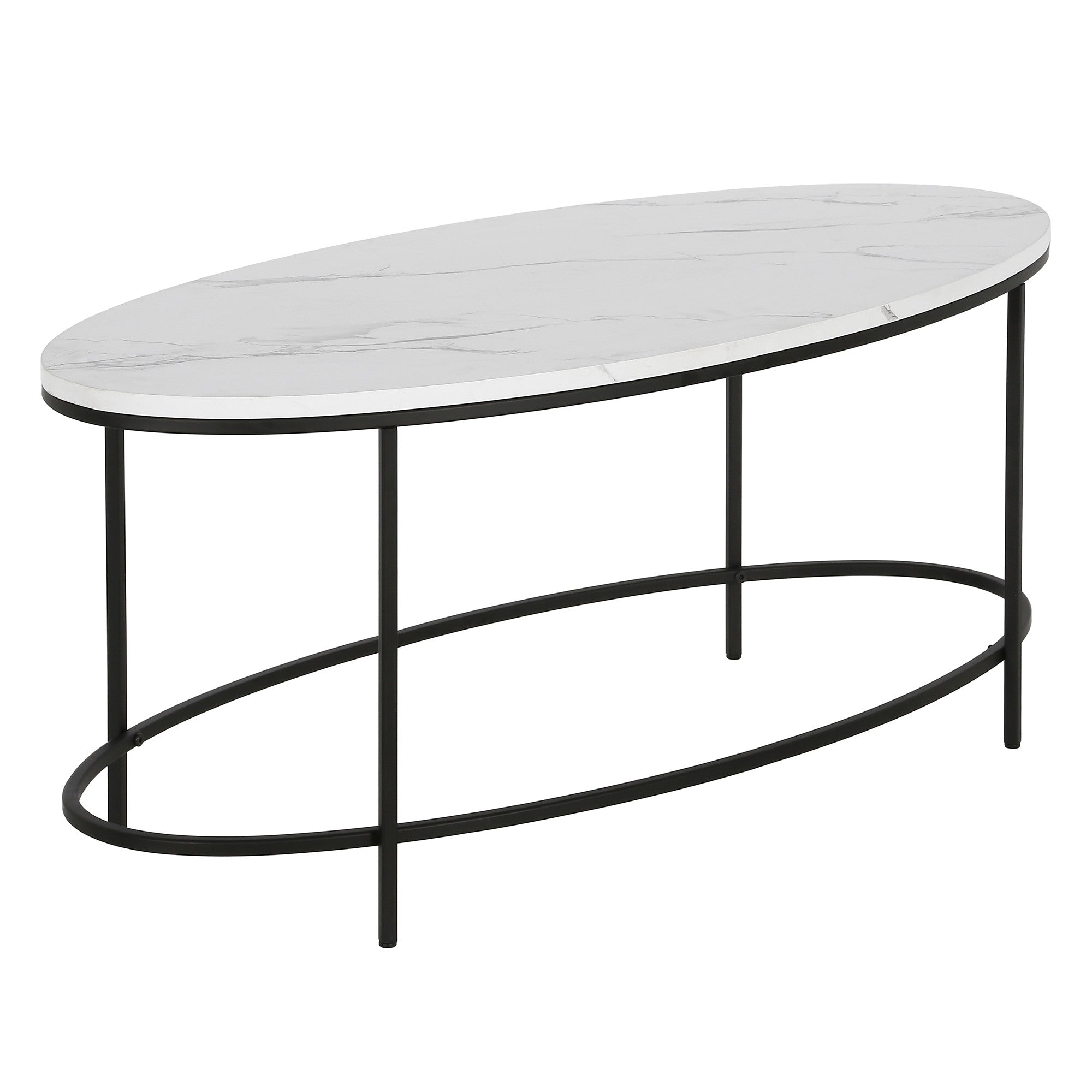 42" White And Black Faux Marble And Steel Oval Coffee Table