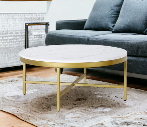 36" White And Gold Faux Marble And Steel Round Coffee Table