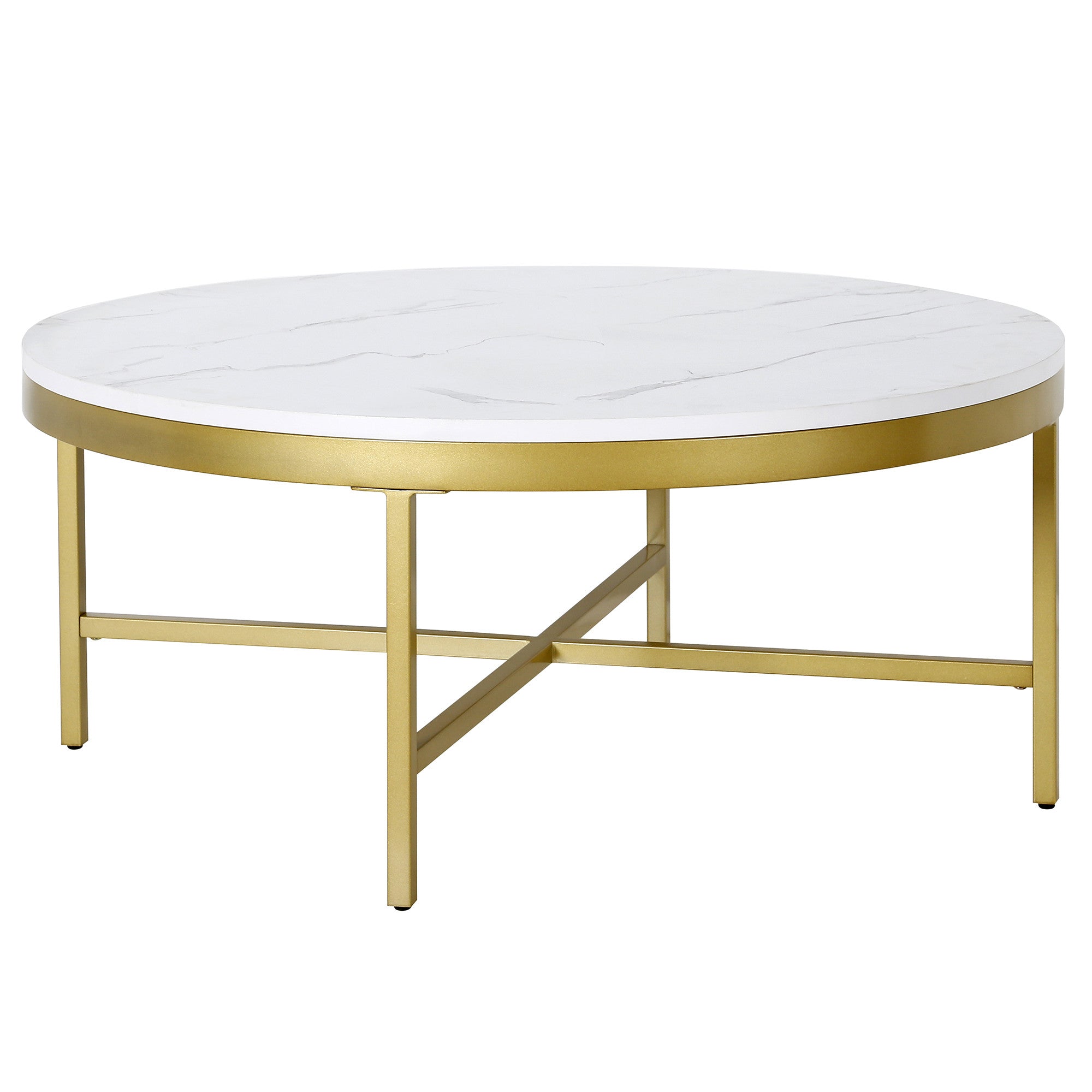 36" White And Gold Faux Marble And Steel Round Coffee Table