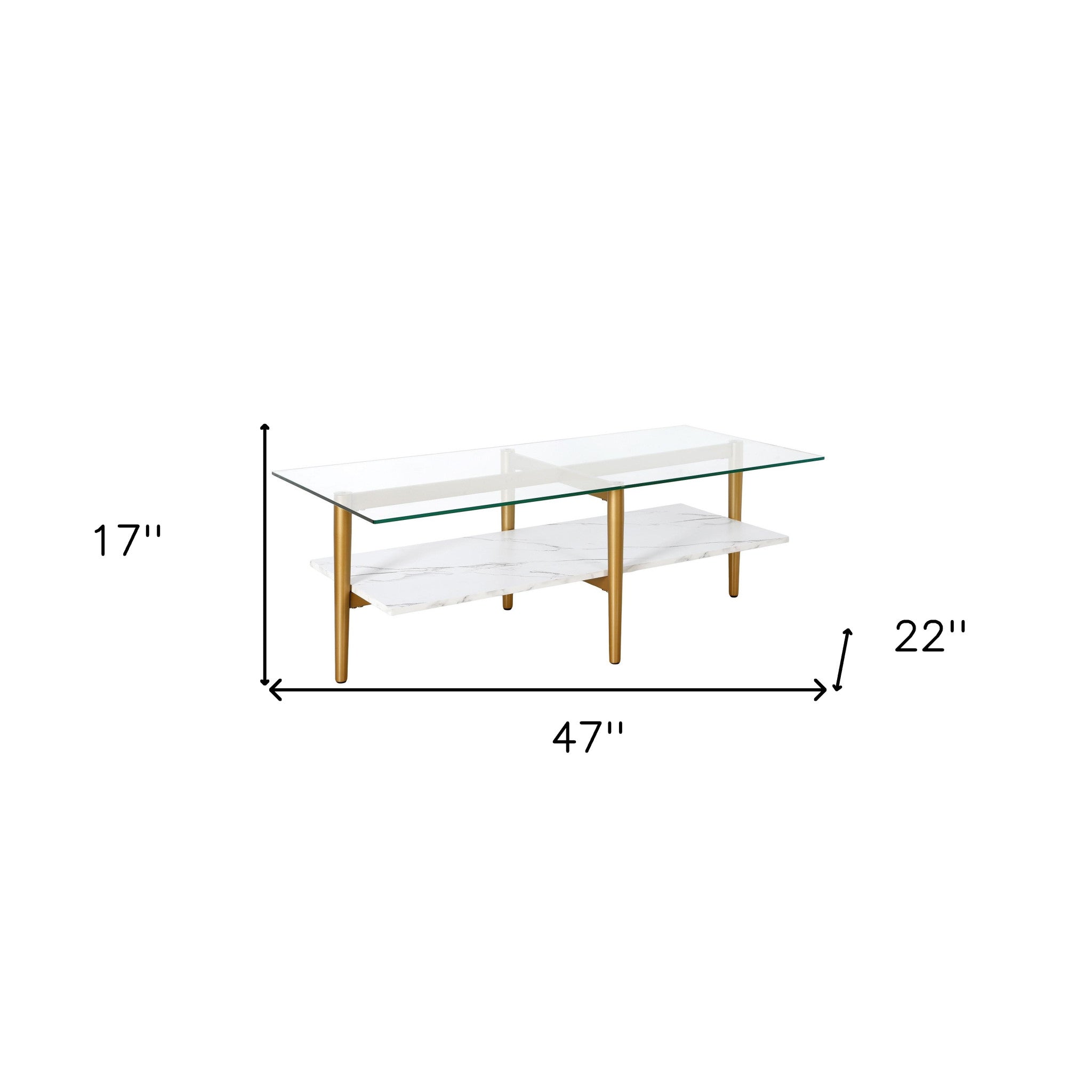 47" White And Gold Glass And Steel Coffee Table With Shelf