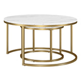 Set of Two 35" White And Gold Faux Marble And Steel Round Nested Coffee Tables