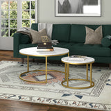 Set of Two 35" White And Gold Faux Marble And Steel Round Nested Coffee Tables