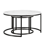 Set of Two 35" White And Black Faux Marble And Steel Round Nested Coffee Tables