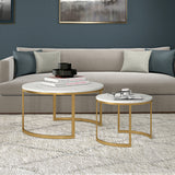 Set of Two 36" White And Gold Faux Marble And Steel Round Nested Coffee Tables