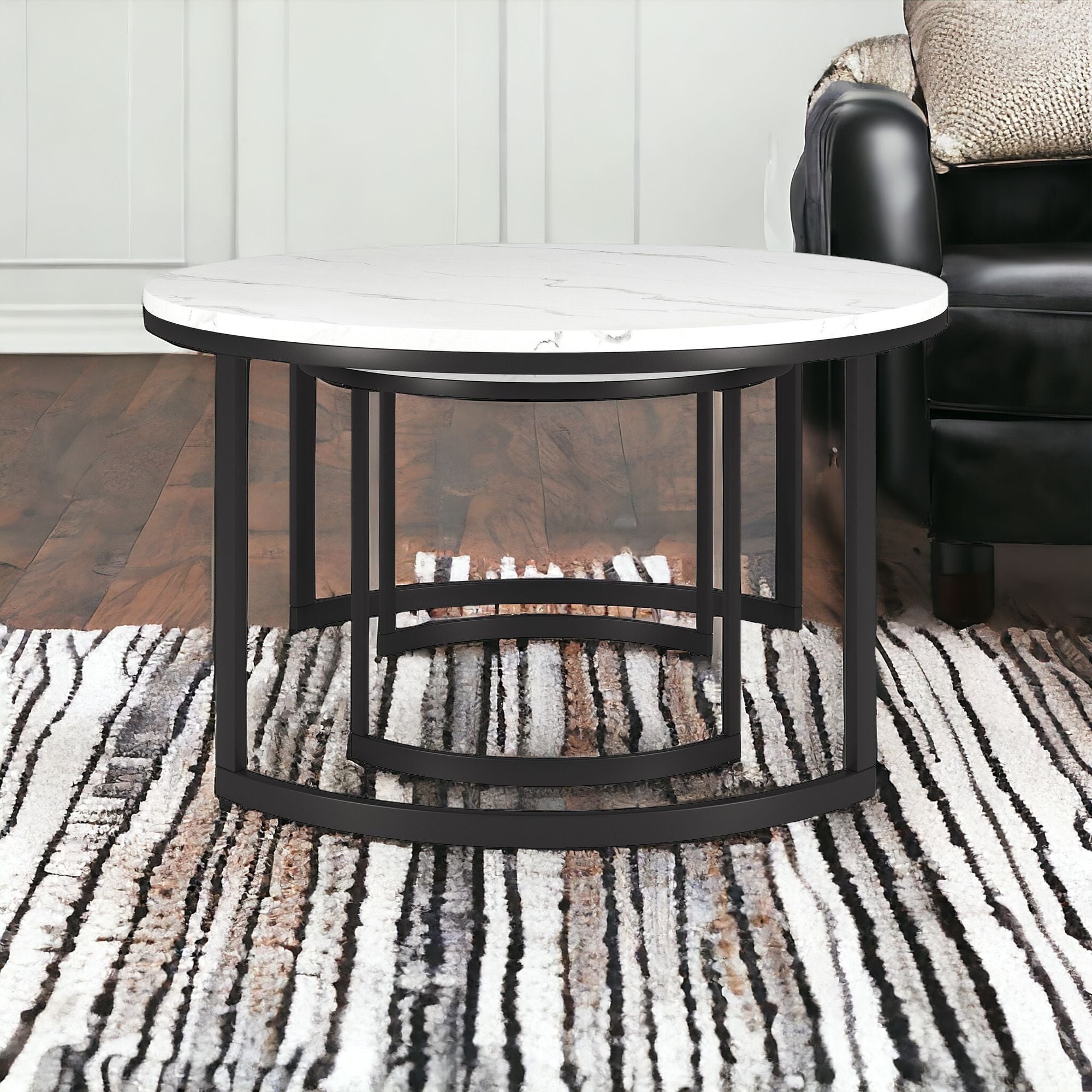 Set of Two 36" White And Black Faux Marble And Steel Round Nested Coffee Tables